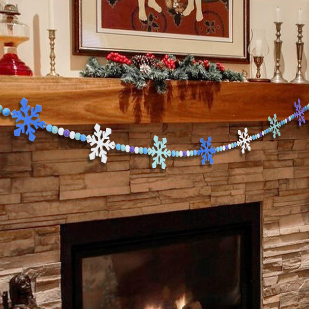 4.2 FT Winter Wooden Beads Garland with Snowflake Charms, Festive Colors Beaded Decor with Felt Snowflakes, Rustic Farmhouse Banner for Christmas Decorations, Shelf Display, Fireplace, Wall, Mantel