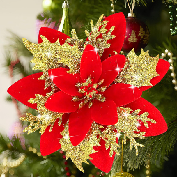 20Pcs 5.5" Poinsettias Glitter Artificial Christmas Flowers, Christmas Tree Decor Christmas Ornaments Glitter Poinsettia with Clips, Christmas Decorations for Xmas Tree Wedding Party Holiday Gold Red