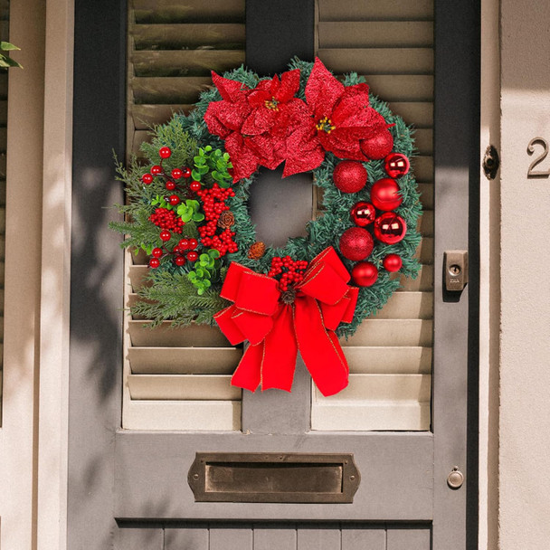 Artificial Christmas Wreath for Front Door, Christmas Door Decorations Wreaths, with Christmas Balls, Bow, Xmas Wreaths Decor Outdoor Christmas Wreaths (Red)