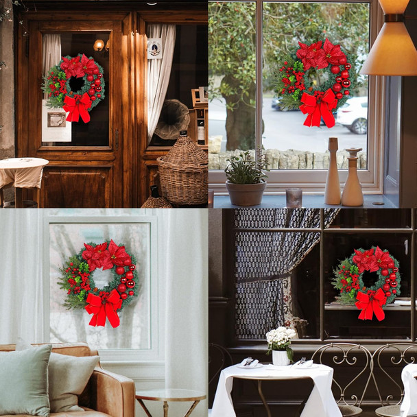 Artificial Christmas Wreath for Front Door, Christmas Door Decorations Wreaths, with Christmas Balls, Bow, Xmas Wreaths Decor Outdoor Christmas Wreaths (Red)