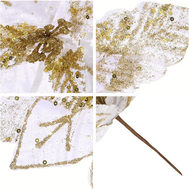 GL-Turelifes 10.7’’ Large Glitter Christmas Flowers 6 Pcs Artificial Poinsettia Flower Ornaments Fold Floral for Christmas Tree Decorations Xmas Tree Year Party Wedding Centerpiece (White)