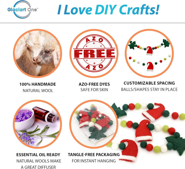 Glaciart One Christmas Felt Balls Garland - Pompom Holiday Decoration Hand-Made from Natural Wool - Cute Hanging Decor for Christmas Tree, Mantel, Kids Bedroom, Living Room, Nursery - 10 Feet Long