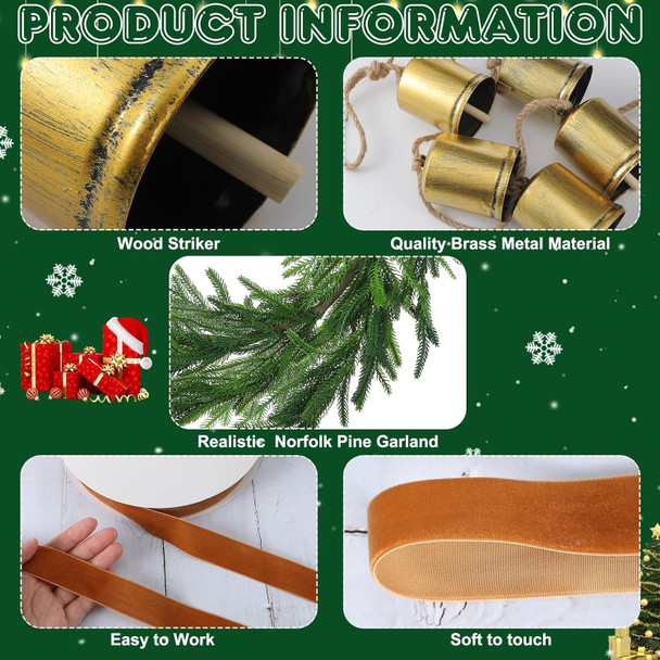 1 Pcs Norfolk Pine Garland with 1 Pc Khaki Velvet Ribbon 3 Pcs Rustic Iron Wrought Bell for Christmas Home Decor(15 Ft)