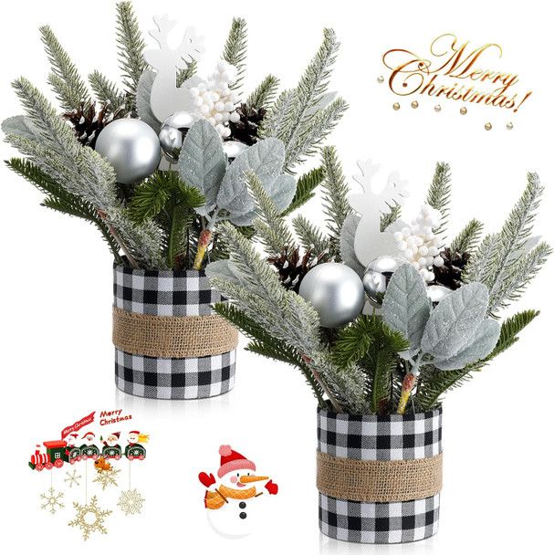 2 Pcs Christmas Table Centerpiece Buffalo Check Plaid Christmas Table Tree Mini Tabletop Artificial Decorations Small Christmas Centerpiece for Winter Home(Black and White)