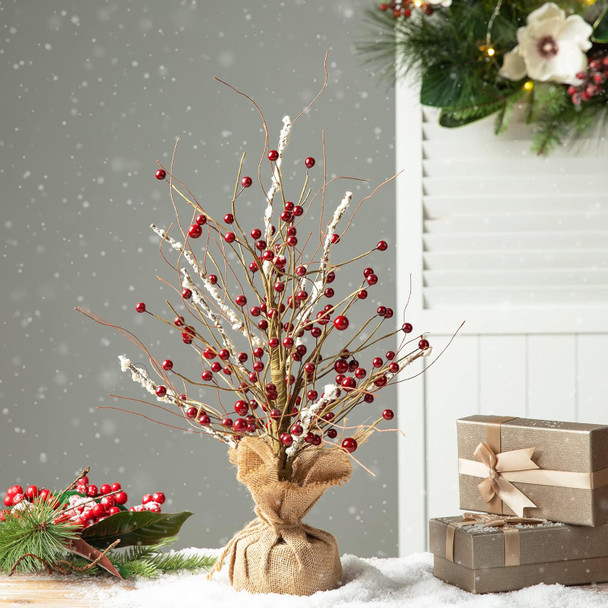 Glitzhome 16”H Christmas Red Berries Table Tree with Burlap Base, Decorative Berries Tree Table Centerpiece for Christmas, Artificial Table Tree Decor for Xmas Party Festival Home Decor