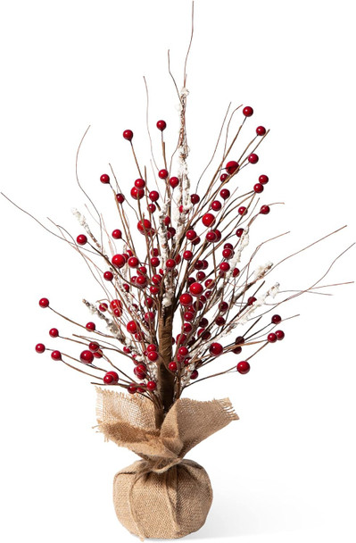 Glitzhome 16”H Christmas Red Berries Table Tree with Burlap Base, Decorative Berries Tree Table Centerpiece for Christmas, Artificial Table Tree Decor for Xmas Party Festival Home Decor