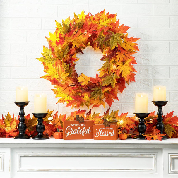 Glitzhome 24 Inch Pre-lit Fall Wreath Autumn Wreath for Front Door, Lighted Maple Leaves Wreath with Timer for Thanksgiving Halloween Christmas Wreath Wall Front Porch Home Decoration