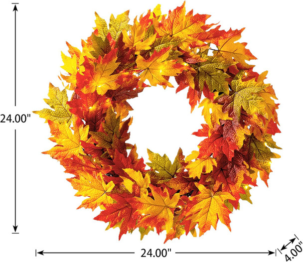 Glitzhome 24 Inch Pre-lit Fall Wreath Autumn Wreath for Front Door, Lighted Maple Leaves Wreath with Timer for Thanksgiving Halloween Christmas Wreath Wall Front Porch Home Decoration