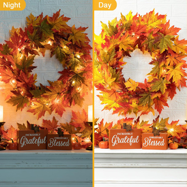 Glitzhome 24 Inch Pre-lit Fall Wreath Autumn Wreath for Front Door, Lighted Maple Leaves Wreath with Timer for Thanksgiving Halloween Christmas Wreath Wall Front Porch Home Decoration