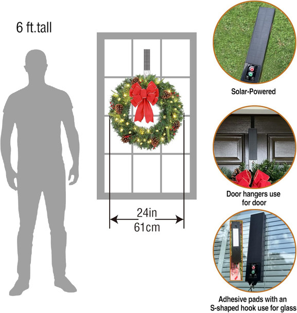 Solar Christmas Wreath Pre-Lit Solar 50 Led Artificial Wreath Outdoor Front Door Window Christmas Decorations with Frosted Branches Pine Cones Berry Clusters Red Velvet Bows 24 Inches