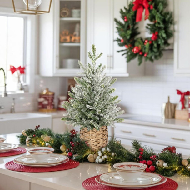 24" Small Christmas Tree Artifical Tabletop Christmas Tree Xmas Snow Frosted Fir Tree for Home Farmhouse Mantel Windowsill Desk Holiday Christmas Decorations