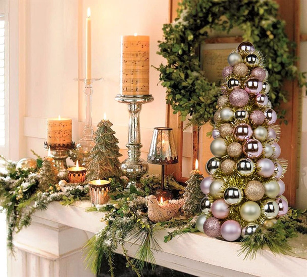 16" Mini Christmas Tree, Small Xmas Tree Decorations with 94 PCS Shatterproof Christmas Ornaments Balls for Christmas Party Centerpiece -Gold Pink