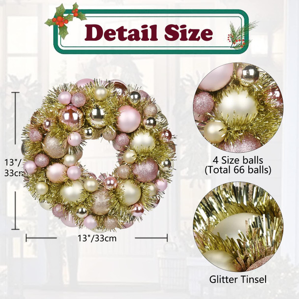 Christmas Ball Wreath 13" Xmas Wreaths Ornaments Glitter Thicken Shatterproof Garland Decoration for Door Wall Mantel Holiday Party Decor, Champagne Gold & Pink