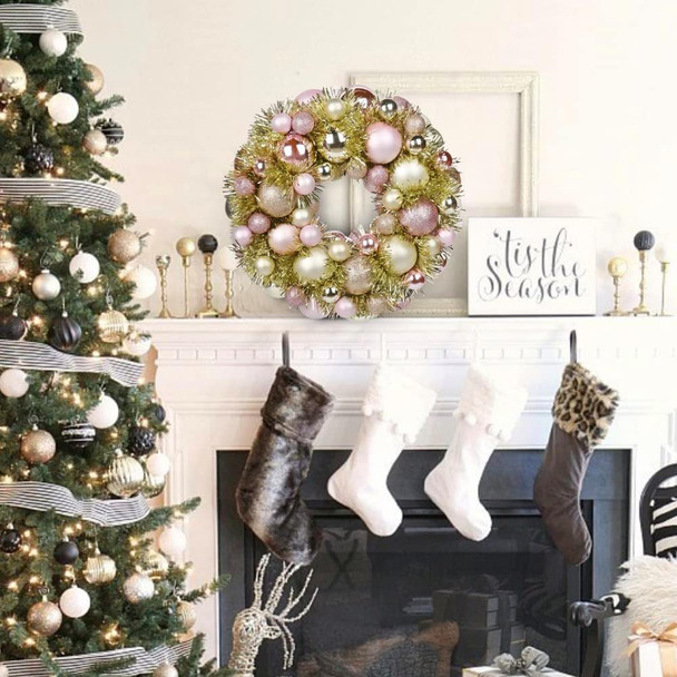 Christmas Ball Wreath 13" Xmas Wreaths Ornaments Glitter Thicken Shatterproof Garland Decoration for Door Wall Mantel Holiday Party Decor, Champagne Gold & Pink
