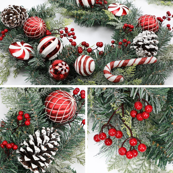 Red and White Christmas Garland 6Ft Christmas Garland Ornaments with 15 Balls, 3 Pinecones, 3 Candy Canes, Doorway Garland Christmas Decorations for Fireplace Mantel Staircase Front Door Porch Holiday