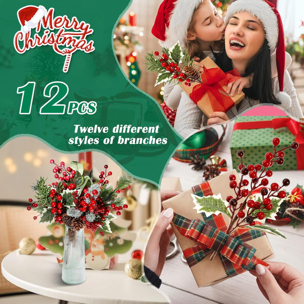 12 Pack Artificial Christmas Tree Picks, 12 Inch Assorted Red Berry Picks and Sprays for Christmas Tree Filler Floral Arrangement DIY Wreath Winter Holiday Season Décor