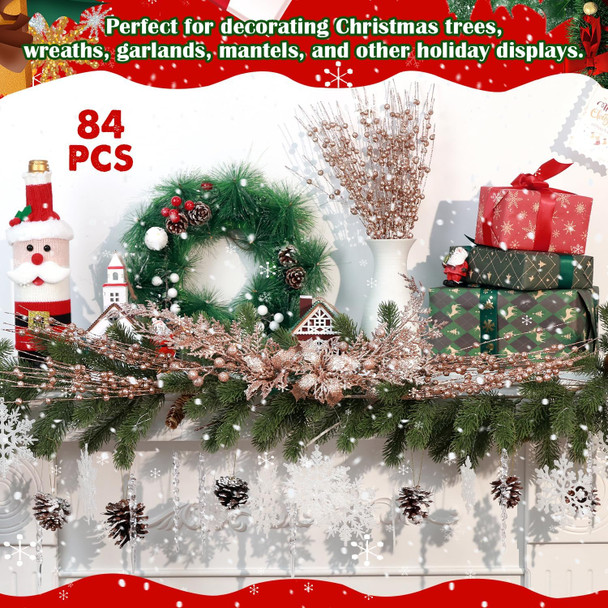 84 Piece Christmas Tree Ornaments Set, Christmas Glitter Berries Stems Poinsettia Flower Artificial Snowflake Icicle Drop - Christmas Decoration DIY Xmas Wreath Holiday Home Party Decor (Rose Golden)