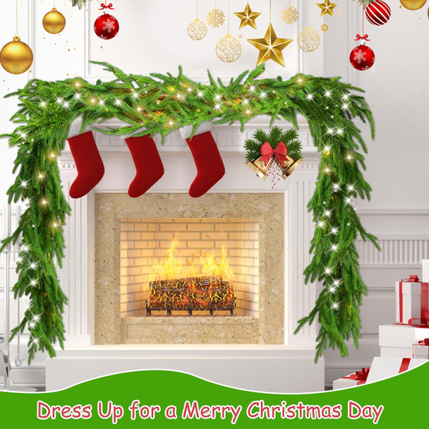 6 Ft Christmas Norfolk Pine Garland with 100 LED Lights, Dense Norfolk Pine Real Touch Garland, Artificial Pine Greenery Garlands for Christmas Holiday Mantle Fireplace Table Home Decor Xmas
