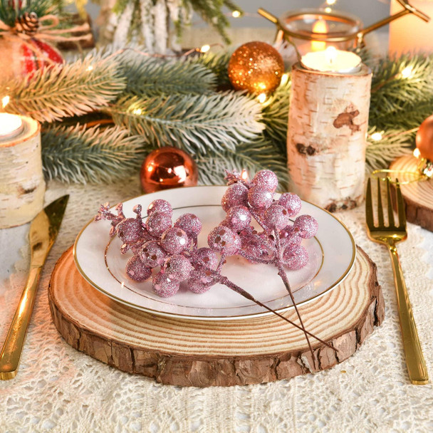 20 Pack Christmas Glitter Berries Stems, 8 Inch Champagne Artificial Christmas Picks for Christmas Tree Ornaments, DIY Xmas Wreath, Crafts, Holiday and Home Decor (Pink)