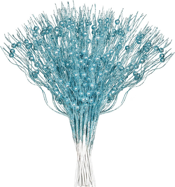24 Pack Christmas Glitter Berries Stems, 16.5 Inch Champagne Artificial Christmas Picks for Christmas Tree Ornaments, DIY Xmas Wreath, Crafts, Holiday and Home Decor (Blue)