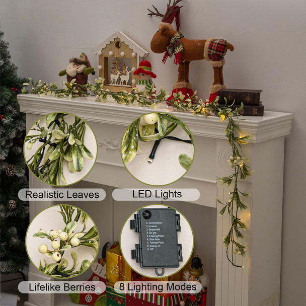 6 FT Christams Garland with Lights, Flocked Garland with Snow, 8 Lighting Modes 20 LED Lights, Battery Operated, Pineneedle, White Berries, Christmas Garland for Indoor Outdoor