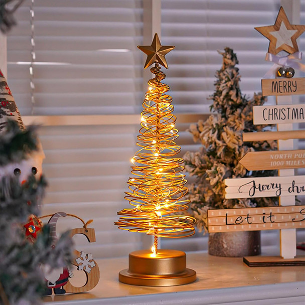 Christmas Tree Lamp, Spiral Christmas Tree with Glittering Star, AA Battery Operated Gold Christmas Tree Light with Metal Stand for Christmas Table Decoration（Batteries not Included）
