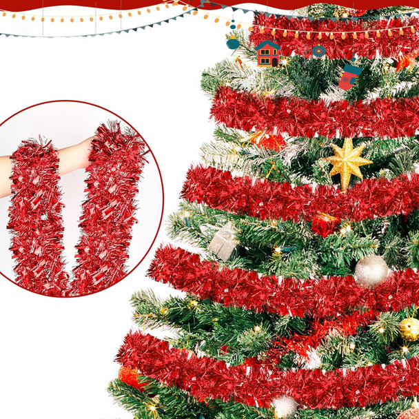 50FT Red Christmas Tinsel Garland, Metallic Twist Shiny Hanging Garland Ornaments for Xmas Tree Party Supplies Thick Thin Metallic Streamers for Indoor Outdoor Decor