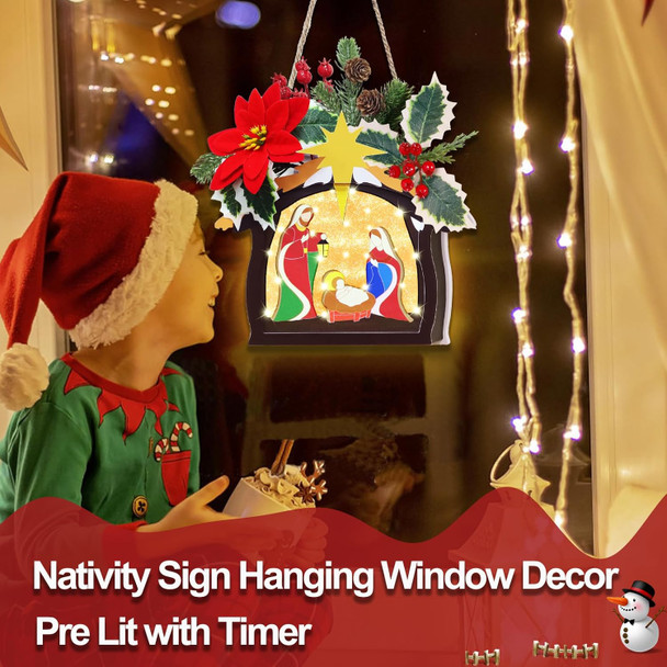 Pre Lit Grandeal Nativity Scene Door Sign with Timer Christmas Door Decorations Religious Wreath Holy Family Wooden Sign Hanging or Table Decor Christmas Decor for Window Wall Desk Office Home Decor