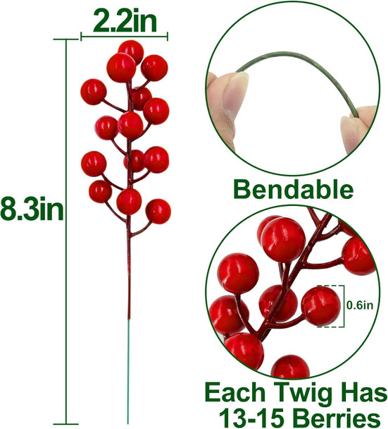 50 Pack Red Berry Stems Waterproof Christmas Picks Sprays Holly Berry Branches Christmas Tree Decorations Artificial Flower for Vase DIY Crafts Xmas Ornament Wedding Winter Holiday Home Decor