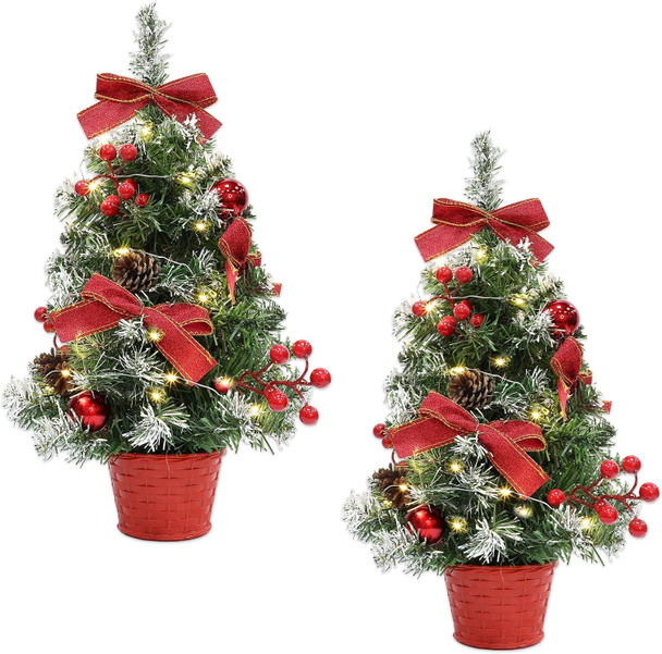 2 Pack GRANDEAL 20 Inch Lighted Tabletop Mini Christmas Tree with Timer 20 LEDs Artificial Small Christmas Tree with Lights, Bow Ball Ornaments Christmas Decorations Xmas Tree Room Office Home Decor