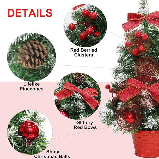2 Pack GRANDEAL 20 Inch Lighted Tabletop Mini Christmas Tree with Timer 20 LEDs Artificial Small Christmas Tree with Lights, Bow Ball Ornaments Christmas Decorations Xmas Tree Room Office Home Decor