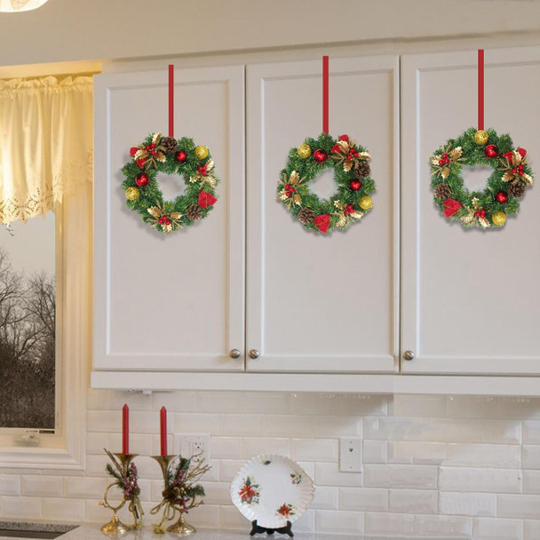 3 Pcs 11.5 Inch Small Christmas Wreath Mini Christmas Door Wreath with Gold Holly Pine Tips Xmas Ball Christmas Decorations for Indoor Window Wall Stairs Room Home Office Decor Kitchen