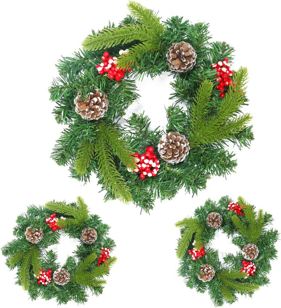 3 Pcs 11.5 Inch Small Christmas Wreath Mini Christmas Door Wreath with Frosted Berries Pine Tips Pinecones Christmas Decorations for Indoor Window Wall Stairs Room Home Office Decor Kitchen