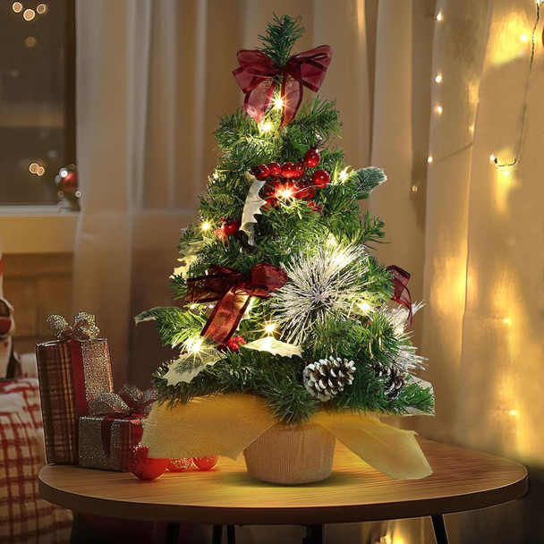 20 Inch Tabletop Mini Christmas Tree with Lights & Timer 20 LEDs Holly Leafed Berried Red Bows Decorated Artificial Small Christmas Tree with Lights Christmas Decorations for Xmas Home Decor