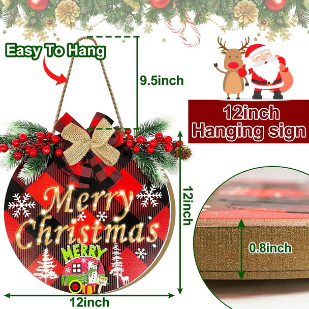 Pre-Lit & Timer Grandeal Christmas Wreaths for Front Door Sign Lighted Hollow Merry Christmas Sign Buffalo Plaid Christmas Decorations Battery Operated Xmas Hanging Window Wall Home Decor Farmhouse