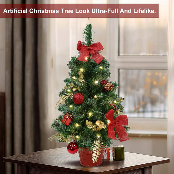 2PACK GRANDEAL 20 Inch Lighted Tabletop Mini Christmas Tree, Artificial Small Christmas Tree with Lights with Timer, Red Pot Box Bows Ornaments Christmas Decoration, Holiday Indoor Decoration