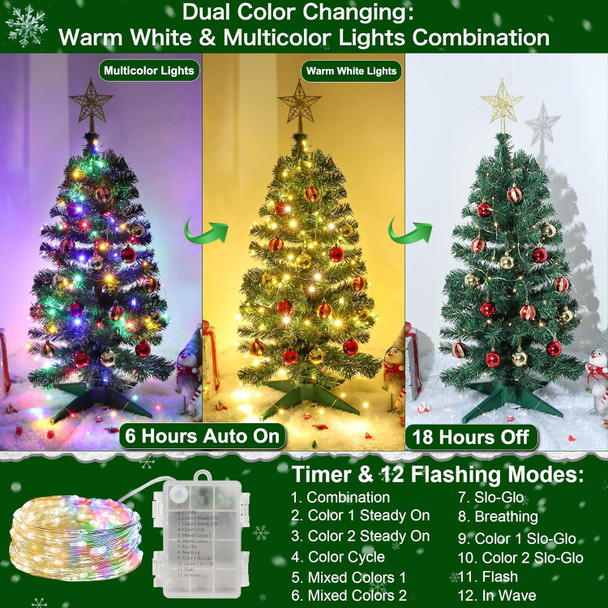 3 Ft Premium Green Christmas Tree Dual Color Change 12 Modes Timer DIY 50 Warm White & Colored Lights 15 Ball Ornaments Star Battery Operated Small Artificial Full Xmas Tree Table Indoor Holiday Decor