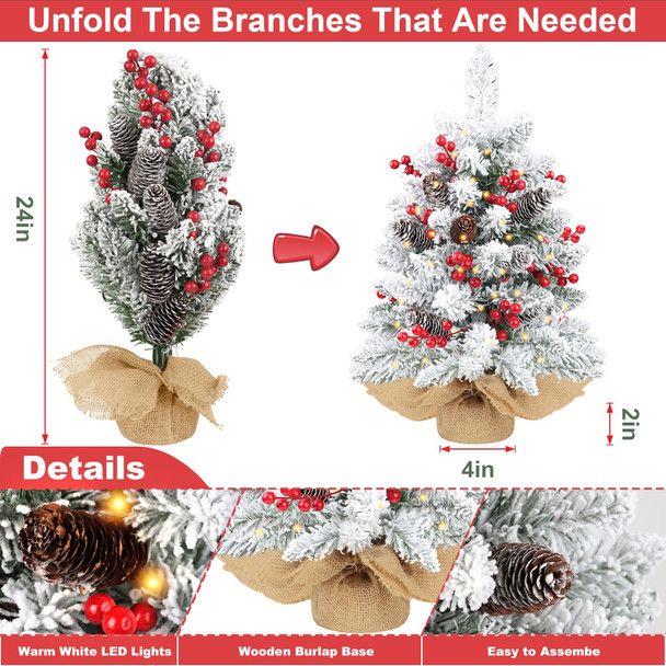 24 Inch Snow Flocked Pre-lit Christmas Tree Tabletop Decor with 50 Warm Lights Timer 8 Modes Battery Operated Artificial Small Christmas Tree 70 Red Berries Pinecones Christmas Decorations Home Indoor