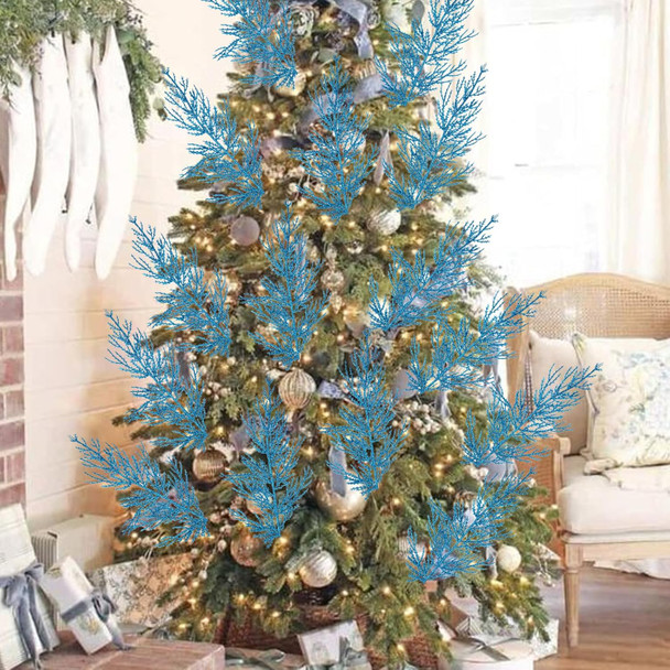 GREENTIME 12 Pack Artificial Blue Flat Glitter Pine Needles 13" Fake Christmas Picks Decorative Glitter Sticks for Vase Christmas Tree DIY Wreath Crafts Fireplace Decor