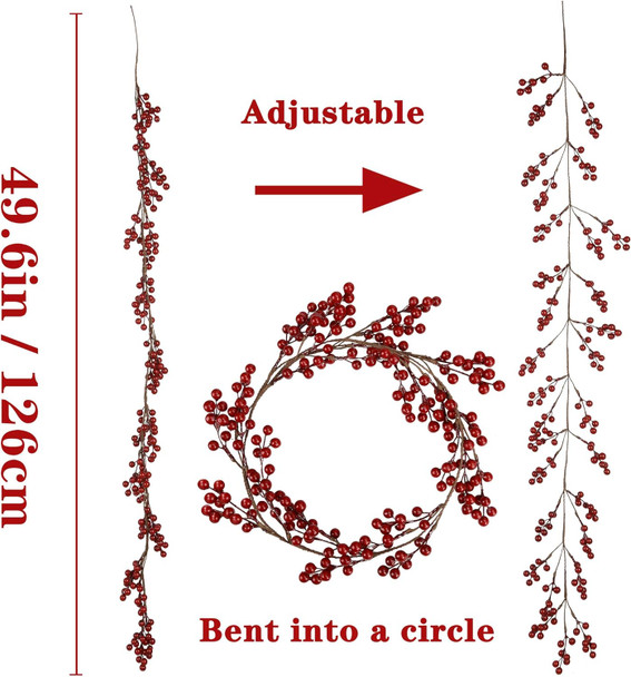 Greentime Christmas Red Berry Garland, Artificial Burgundy Red Pip Berry Artificial Berry Garland for Indoor Outdoor Hone Decoration for Winter Christmas Holiday Year Decor