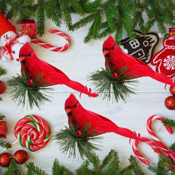 GREENWISH 10Pcs Red Birds Cardinal Clip on Christmas Tree Decoration Red Cardinals Ornaments Artificial Birds with Pine Branches for Christmas Decorations, Winter Theme, Wreaths