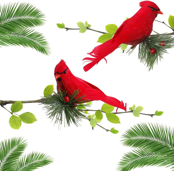 GREENWISH 10Pcs Red Birds Cardinal Clip on Christmas Tree Decoration Red Cardinals Ornaments Artificial Birds with Pine Branches for Christmas Decorations, Winter Theme, Wreaths