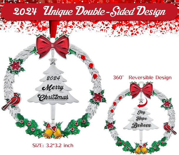 Christmas Ornaments Decoration,Metal Christmas Wreath Hanging Ornaments for Tree,with Rotatable Tree Dated Shiny Silver Ornaments Holiday Decorative Xmas s for Family Friends