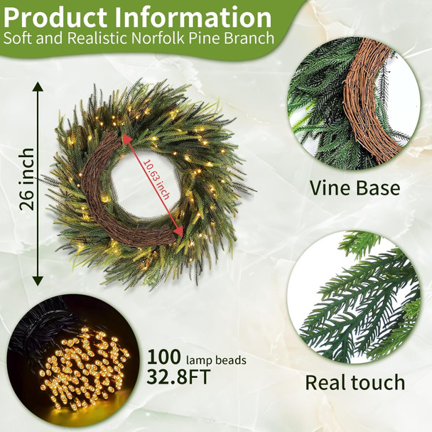 Christmas Decorations - 26 Inch Real Touch Norfolk Pine Wreath with LED Light, Christmas Wreath for Front Door, Artificial Pine Greenery Wreath Home Table Wall Window Indoor Outdoor Xmas Decoration Christmas Decorations - 26 Inch Real Touch Norfolk Pine Wreath with LED Light, Christmas Wreath for Front Door, Artificial Pine Greenery Wreath Home Table Wall Window Indoor Outdoor Xmas Decoration