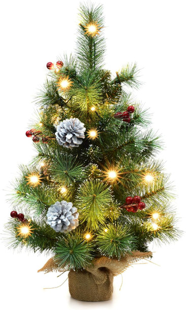 Pre-lit Mini Christmas Trees, Little Christmas Tree with Flocked Pine Needles, Pine Cones, Berries Christmas Decoration, 2 ft Burlap Base Small Trees with 25 Led Lights for Table Top Xmas Decoration