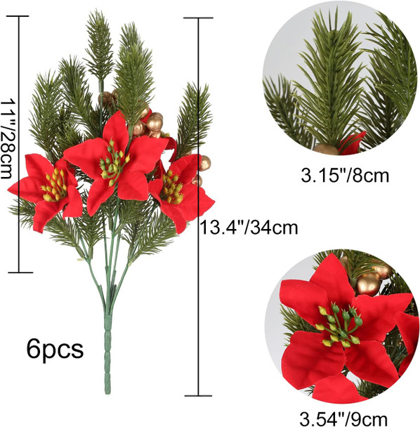GTIDEA 6pcs Artificial Pine Branches Christmas Greenery Stems with Poinsettias Artificial Christmas Flowers and Berries Fake Green Plants for Xmas Tree Home Porch Table Centerpieces Vase Decor (13.4")
