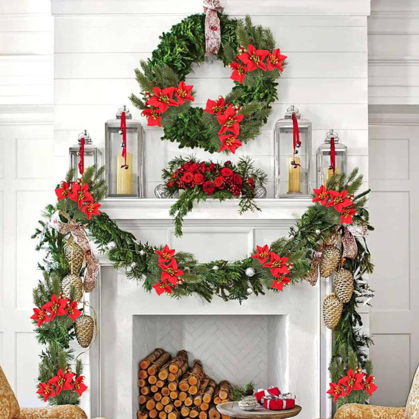GTIDEA 6pcs Artificial Pine Branches Christmas Greenery Stems with Poinsettias Artificial Christmas Flowers and Berries Fake Green Plants for Xmas Tree Home Porch Table Centerpieces Vase Decor (13.4")
