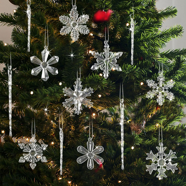 Snowflake Ornaments for Tree Decorations - 18Pcs Clear Glass Snowflake and Icicle Ornaments Set for Christmas Tree Winter Year Party Decor Supplies