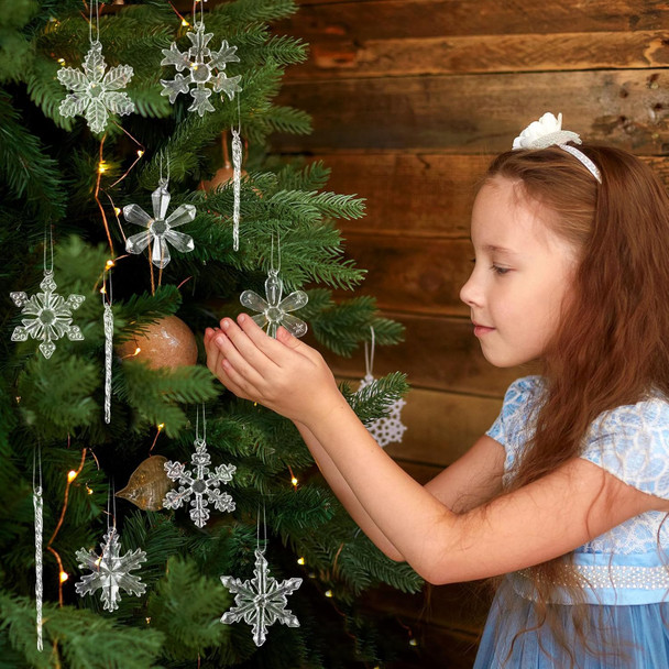 Snowflake Ornaments for Tree Decorations - 18Pcs Clear Glass Snowflake and Icicle Ornaments Set for Christmas Tree Winter Year Party Decor Supplies