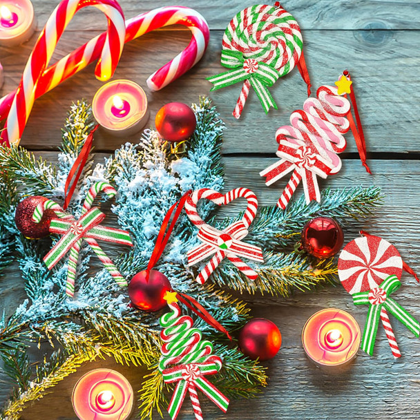 10Pcs Christmas Candy Cane Ornaments for Tree Decorations - Polymer Clay Glitter Lollipop Candy Cane for Holiday Party Home Decor